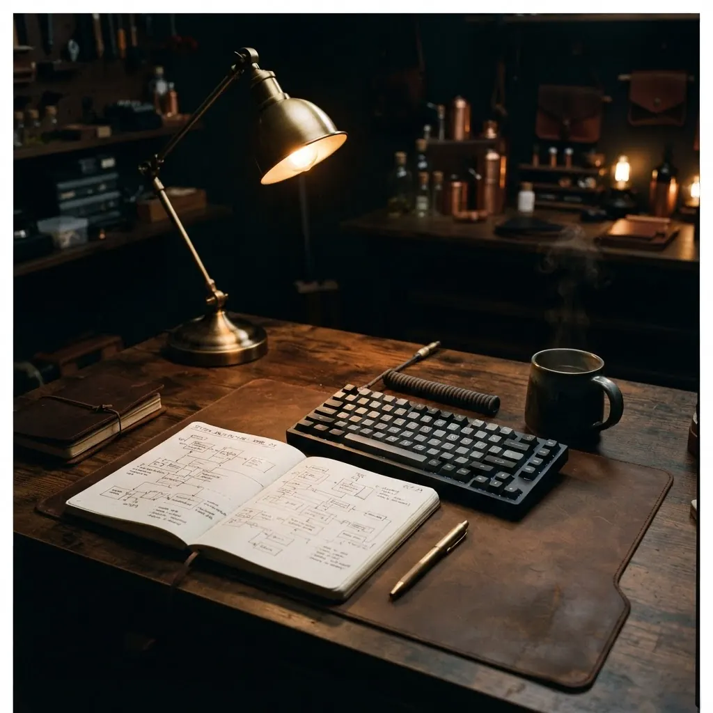 A lamplit desk at night with handwritten system diagrams