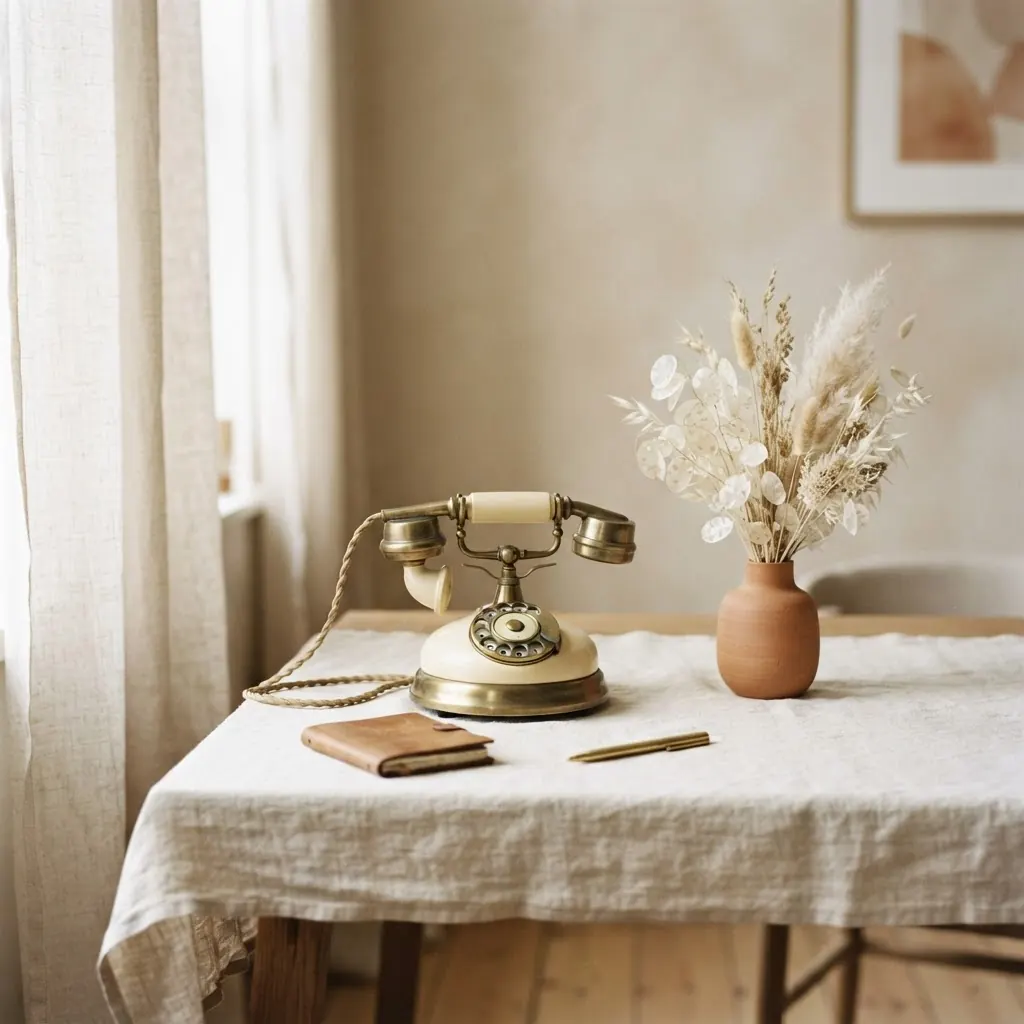A vintage cream telephone in soft morning light